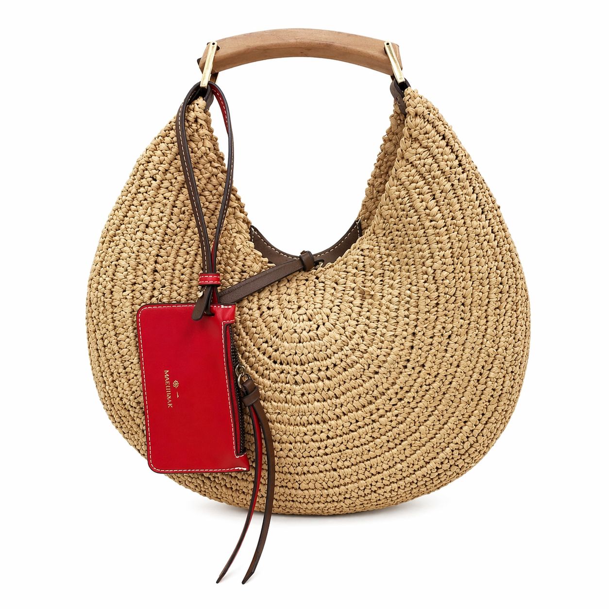 Rafia Bag with Wooden Handle and Shoulder Strap
