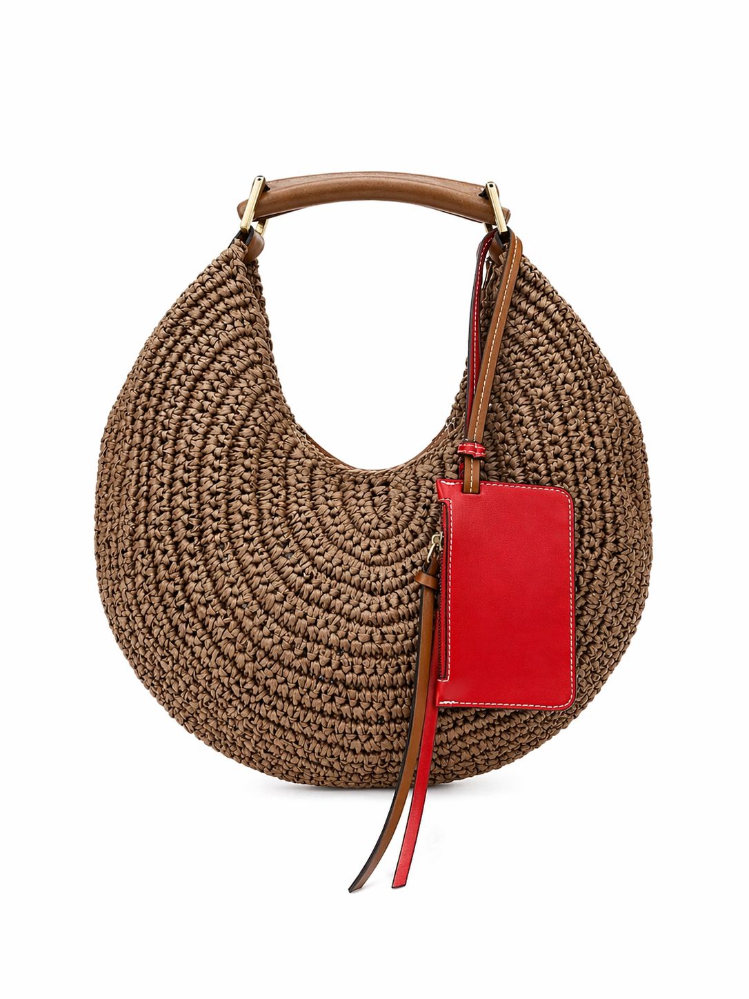Rafia Bag with Wooden Handle and Shoulder Strap