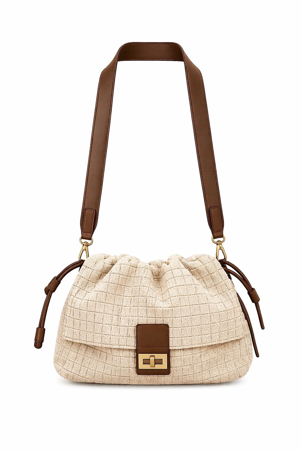 Beige Thread Crossbody Bag with Gold Zipper - Martina